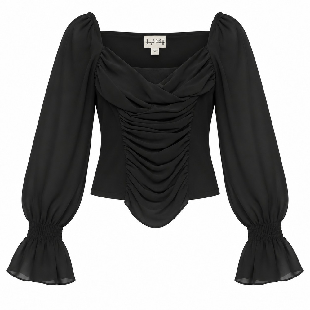 JOSEPH RIBKOFF Sz 8 Black Stretch Ruched Draped Front Sheer Bell Sleeve Blouse
